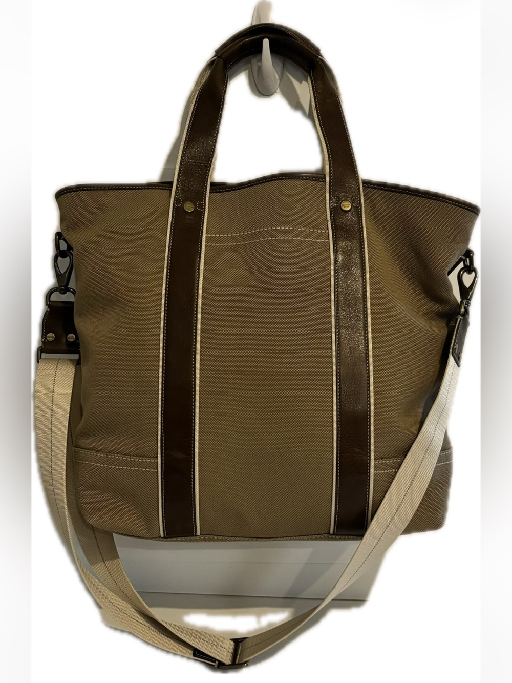 Coach Brown Canvas Messenger Tote with Dark Brown Leather Trim and Cream Strap